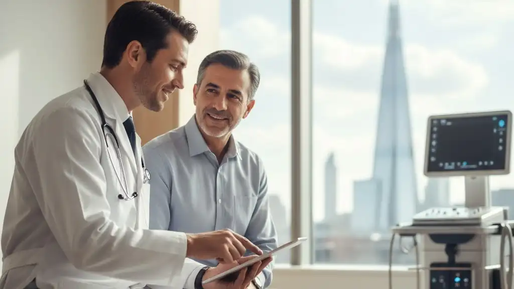 پزشک در یک کلینیک مدرن در انگلستان در حال مشاوره با بیمار ایرانی برای ویزای درمانی